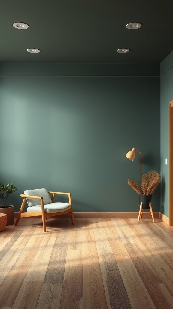 A cozy room painted in soft sage green, featuring a wooden floor, a chair, and a decorative lamp.