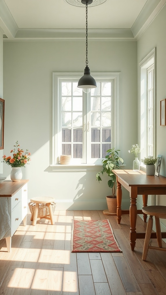 A bright room featuring soft sage green walls, wooden floors, and natural light.