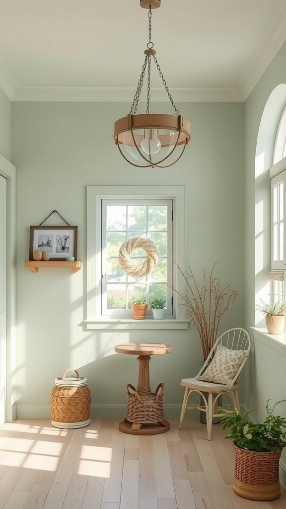 A cozy room painted in soft sage green, featuring natural light, wooden furniture, and plants.