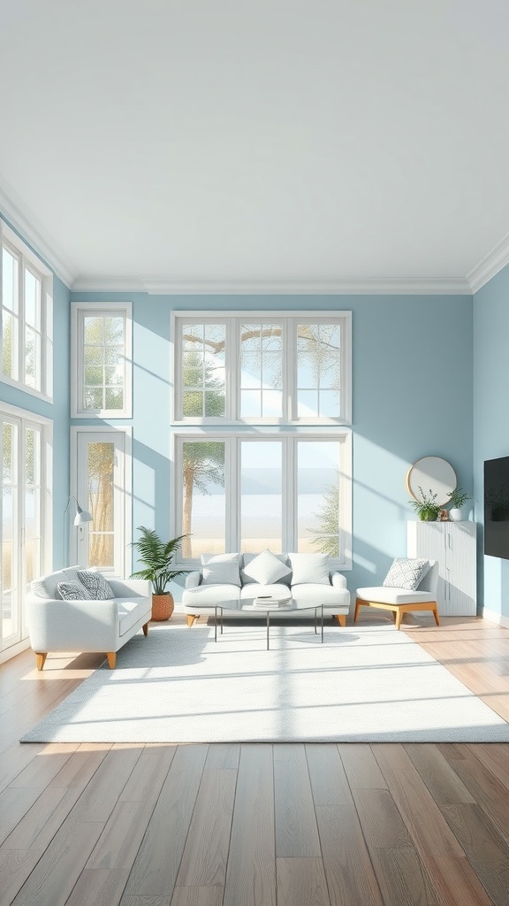 A soft sky blue living room with large windows, light wooden flooring, and cozy furniture.