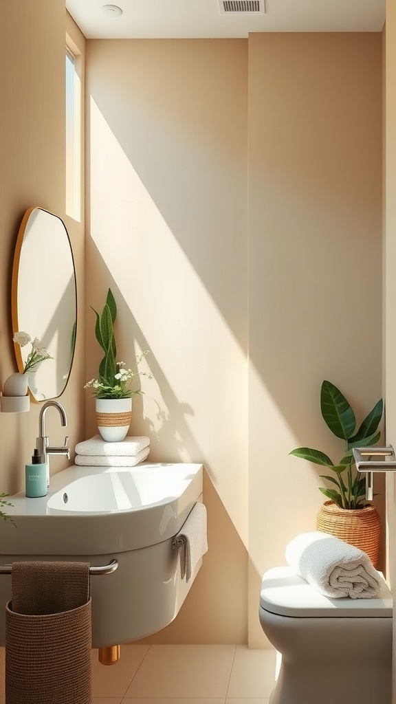 A serene bathroom with soft tan walls, natural light, plants, and minimalist decor.