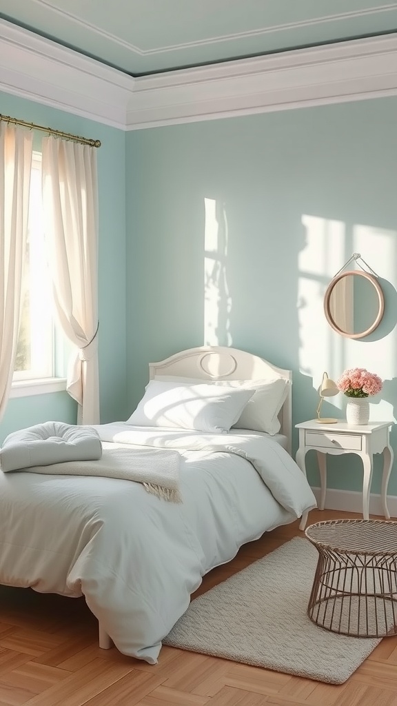 A serene bedroom decorated with soft teal walls, white linens, and a small nightstand with flowers.