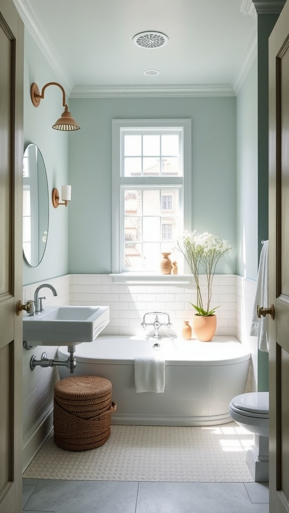 A serene bathroom featuring Solstice Breeze paint color by Valspar, showcasing a blend of white tiles, natural accents, and plants.