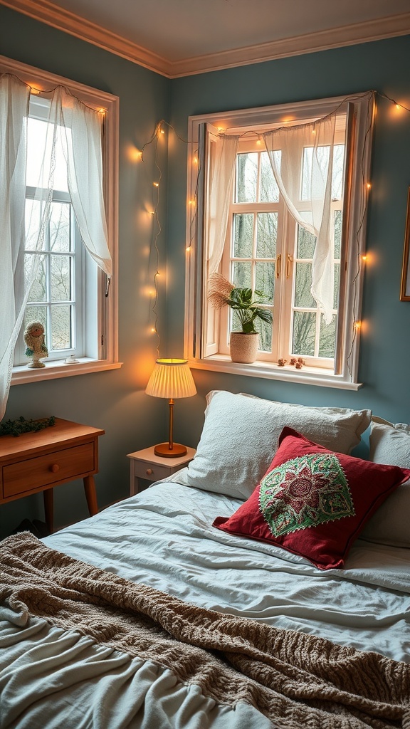 Cozy bedroom with blue walls, fairy lights on windows, and inviting bed decor