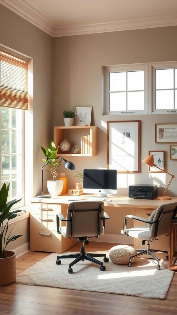 A soothing home office with a light color scheme, large windows, and plants, featuring a spacious desk and comfortable seating.