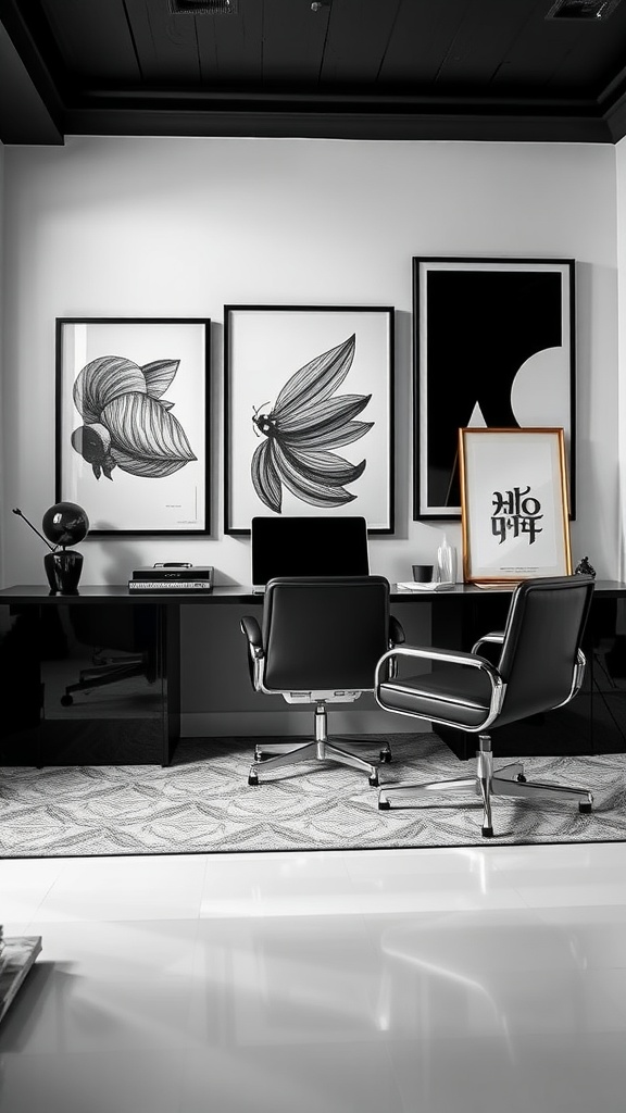 Black and white office interior with artwork, black desk, and chairs