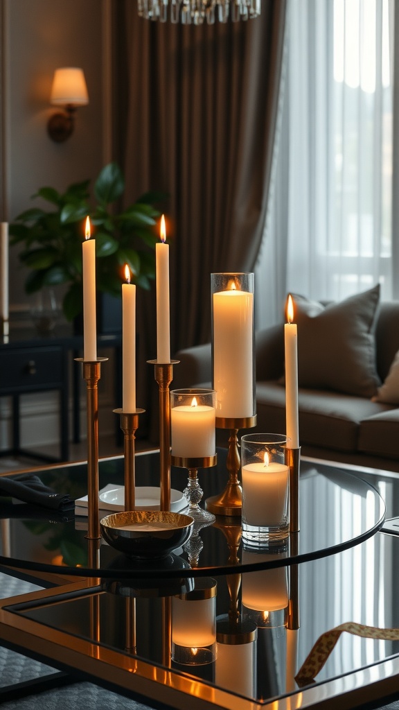 A sophisticated arrangement of candles in an elegant living room, showcasing an old-world aesthetic.