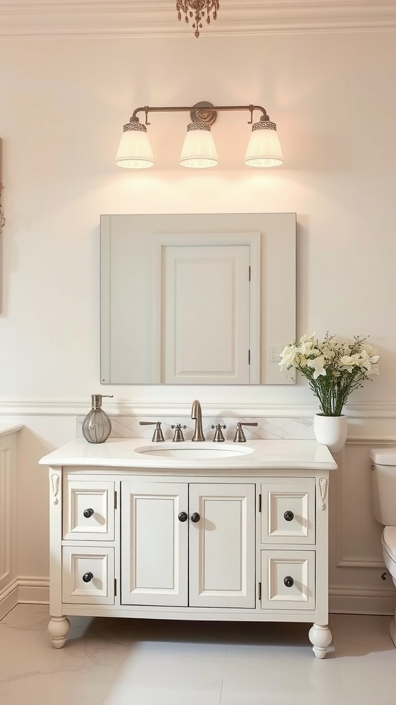 A cream-colored bathroom vanity with a marble countertop, mirror, and stylish lighting.