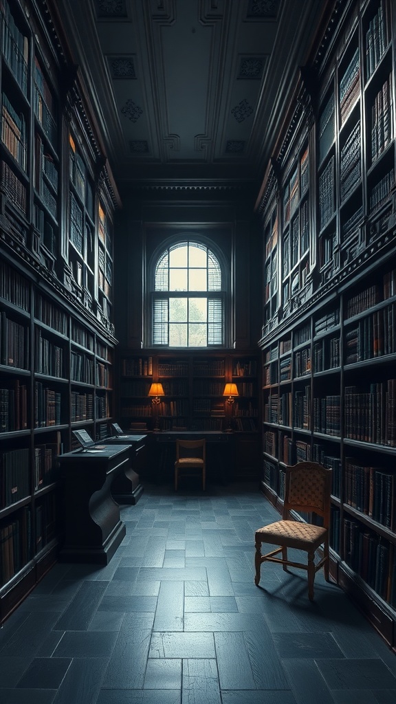 A sophisticated home library with dark wooden bookshelves filled with books, soft lighting from table lamps, and a cozy atmosphere.