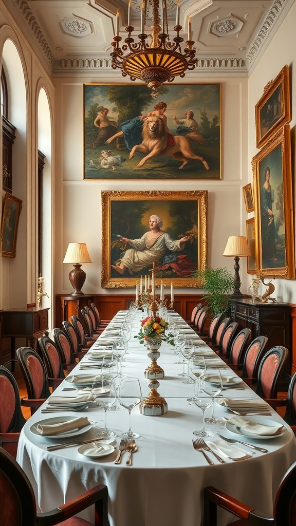 Luxurious dining room in Florence with a long table set for a meal, ornate chandelier, and classic paintings on the walls.