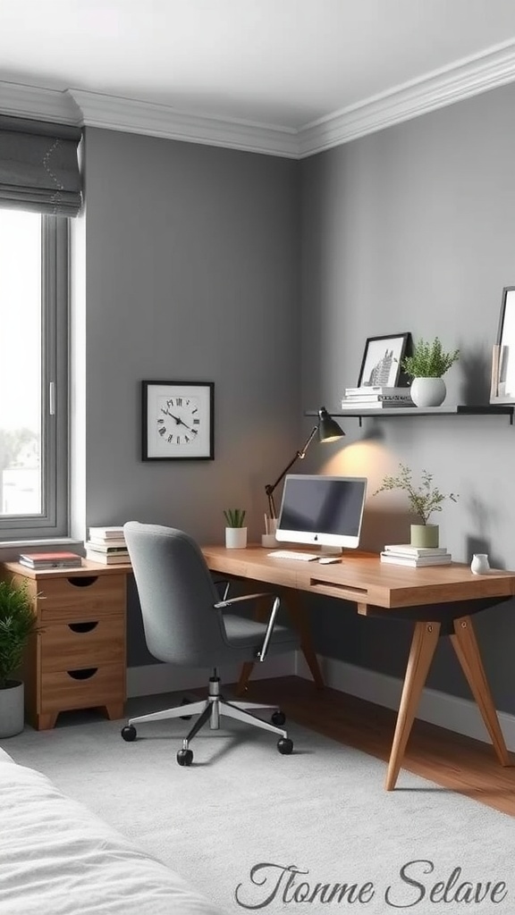 A sophisticated grey home office nook featuring a wooden desk, a comfortable chair, shelves with decorative items, and potted plants.