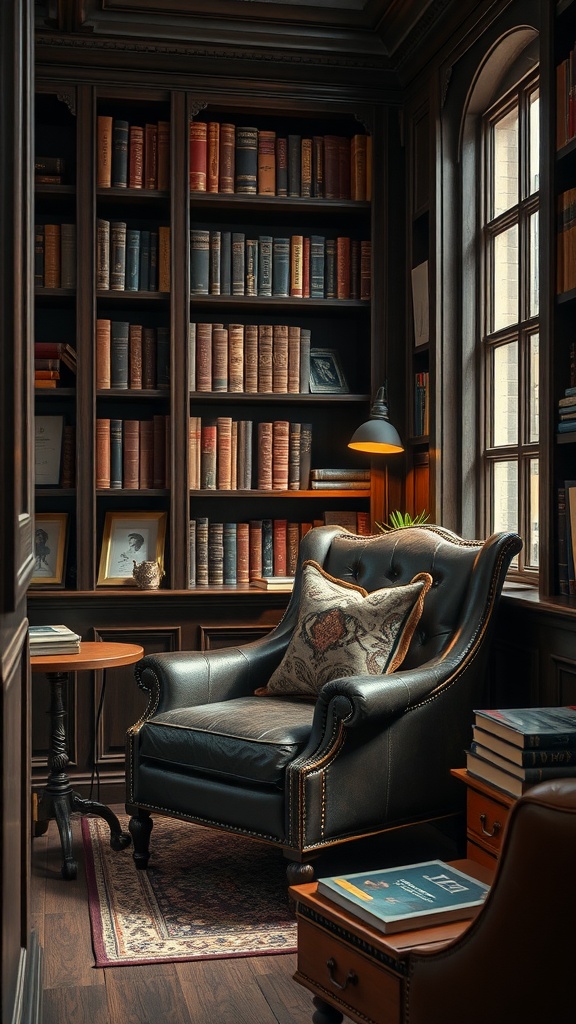 A sophisticated reading nook with dark wood bookshelves filled with books, a plush armchair, and warm lighting.