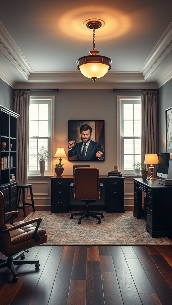 A sophisticated home office featuring elegant lighting fixtures, dark furniture, and a warm, inviting atmosphere.