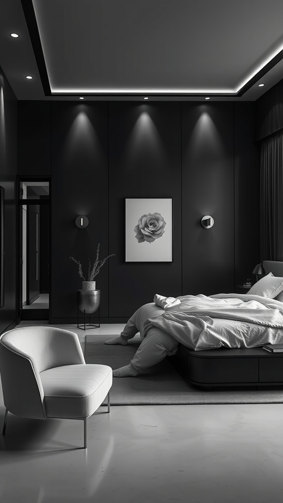 Elegant monochrome bedroom featuring a black and white color scheme with a rose artwork.