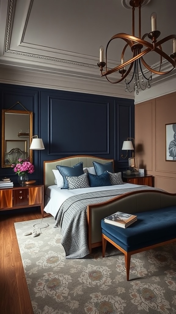 A stylish bedroom featuring navy blue walls and taupe accents, with elegant furniture and decorative elements.