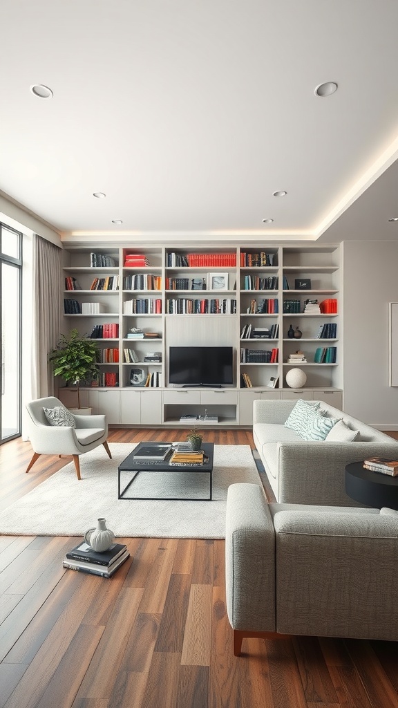 A sophisticated open concept library with tall shelves, cozy seating, and a warm wooden floor.