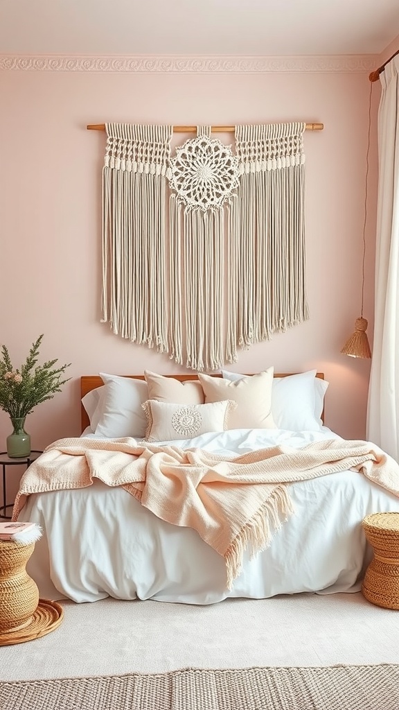 A cozy pink boho style bedroom featuring soft pink walls, macramé wall hangings, layered bedding, and natural wooden accents.