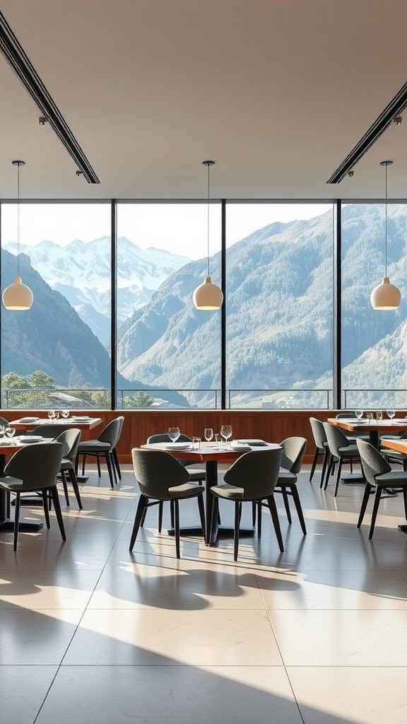 An elegant dining room with large windows overlooking mountains, featuring modern furniture and a serene atmosphere.