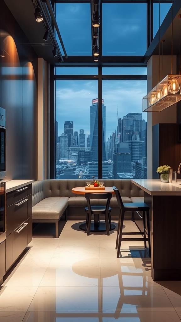 A cozy kitchen nook with a plush bench, round table, and city skyline view.