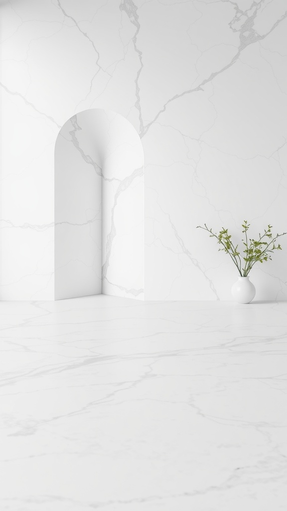 A sophisticated bathroom featuring a white countertop with gray veining, minimalistic decor, and a small vase with greenery.