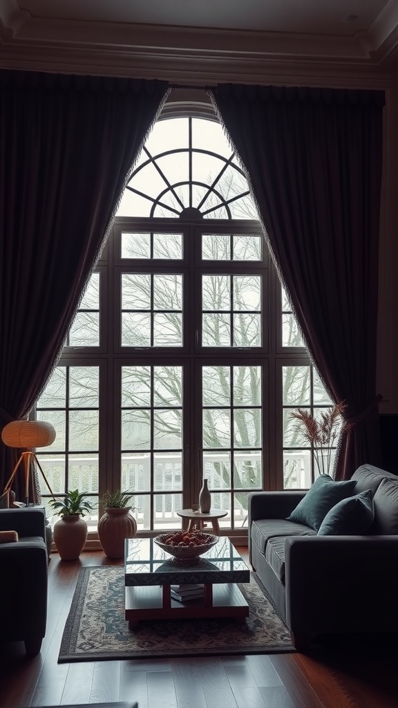 A sophisticated living room with dark curtains framing a large window, reflecting a maximalist noir style.