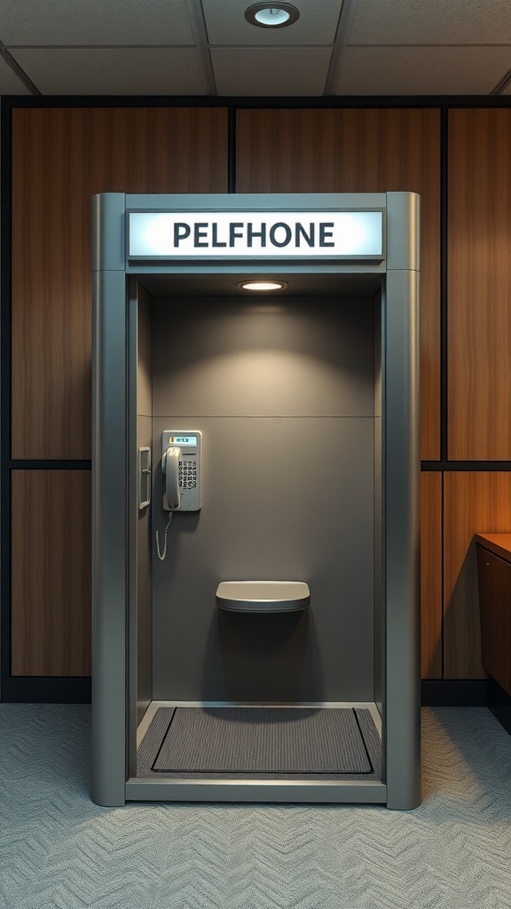 A soundproof booth labeled PELPHONE for private calls in an office setting.