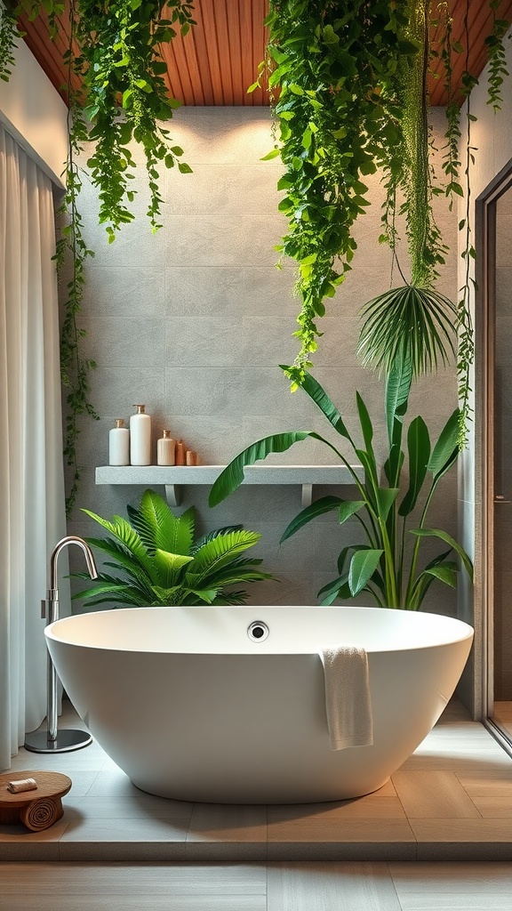 A modern luxury bathroom featuring a freestanding bathtub surrounded by plants and soft lighting.