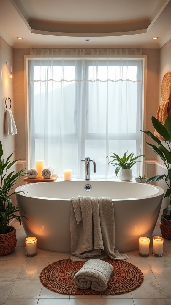 Luxurious bathtub with serene lighting and plants, creating a spa-inspired atmosphere