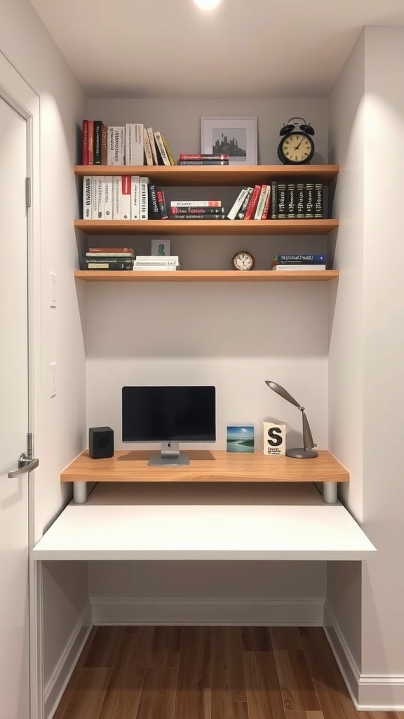 A minimalist fold-down desk setup with shelves and a computer monitor