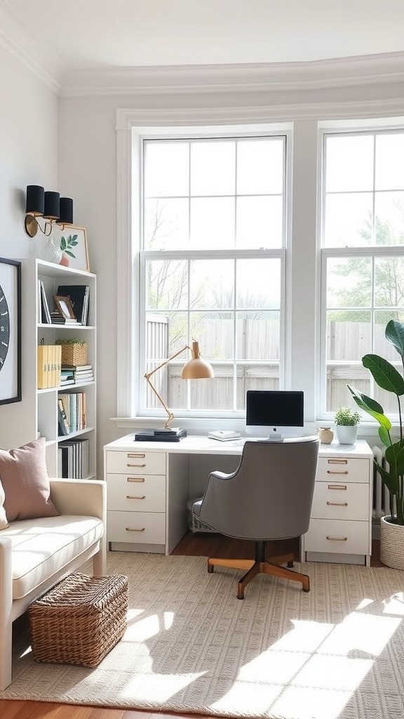 A bright and organized home office featuring a desk, a chair, and natural light from large windows.