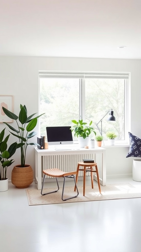 Bright and airy home office with a simple desk, plants, and cozy seating