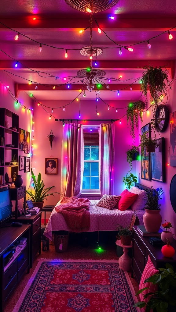 A cozy Boho bedroom filled with colorful fairy lights creating a warm and whimsical atmosphere.