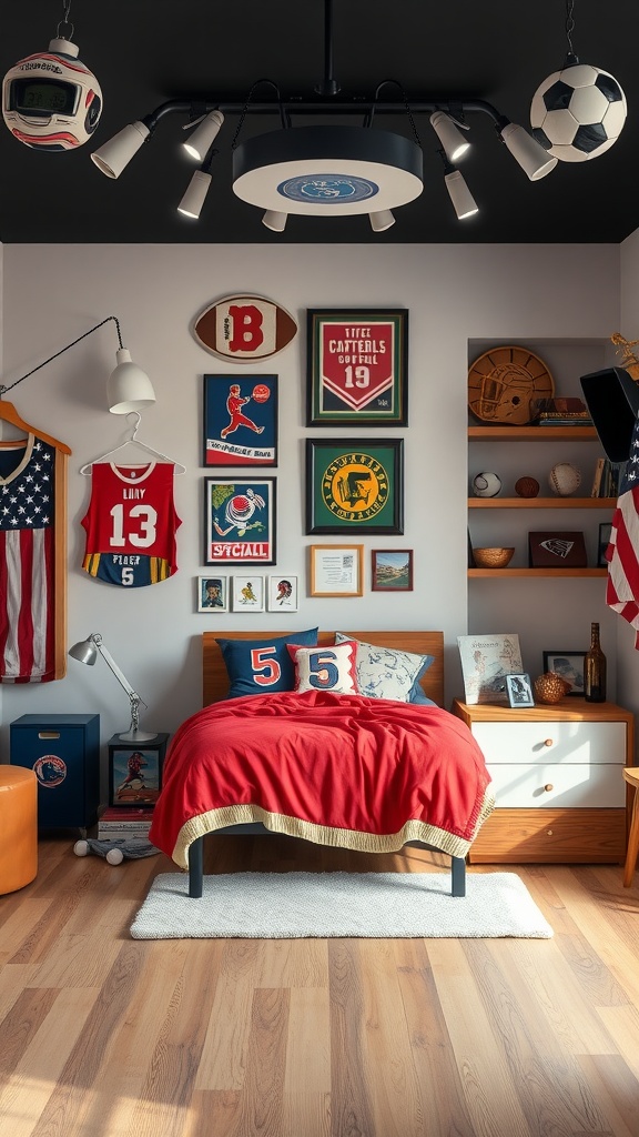 A sports-themed bedroom featuring framed jerseys, sports memorabilia, and a red blanket on the bed