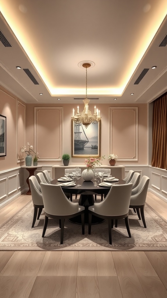 Elegant dining room with spotlight border lighting and chandelier