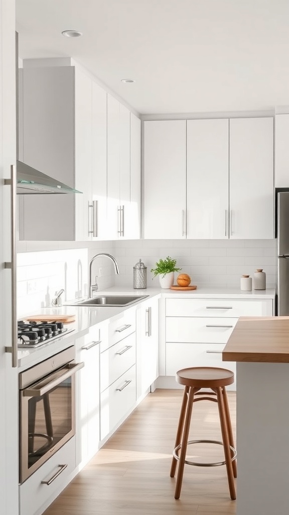 Modern kitchen with white cabinets and wooden accents