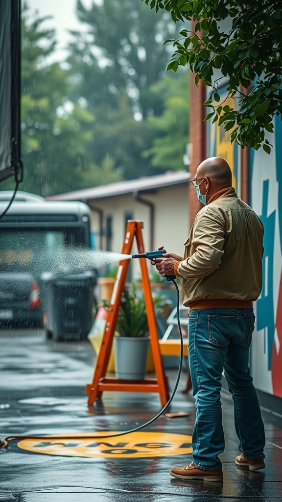 A person in a red hoodie spraying paint outdoors during rain with palm trees in the background.
