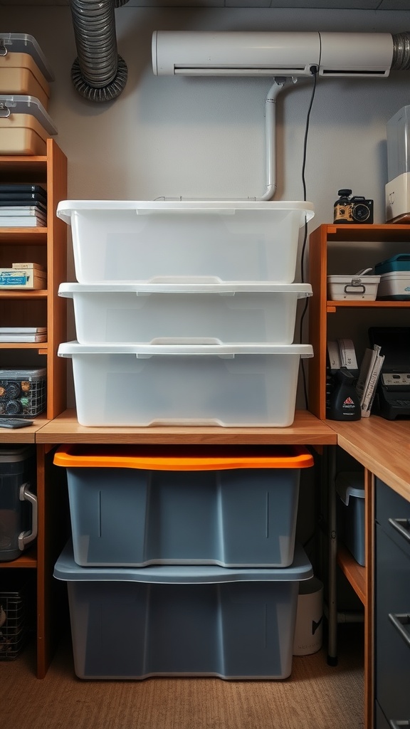 Stackable clear storage bins in a home office