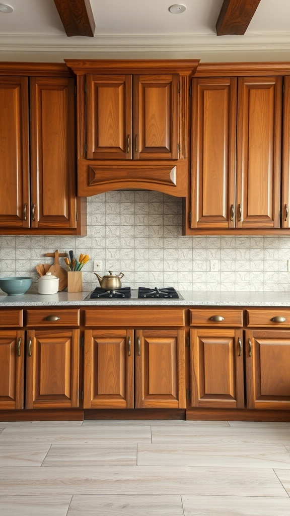 A kitchen featuring rich stained wood cabinets and a light countertop.