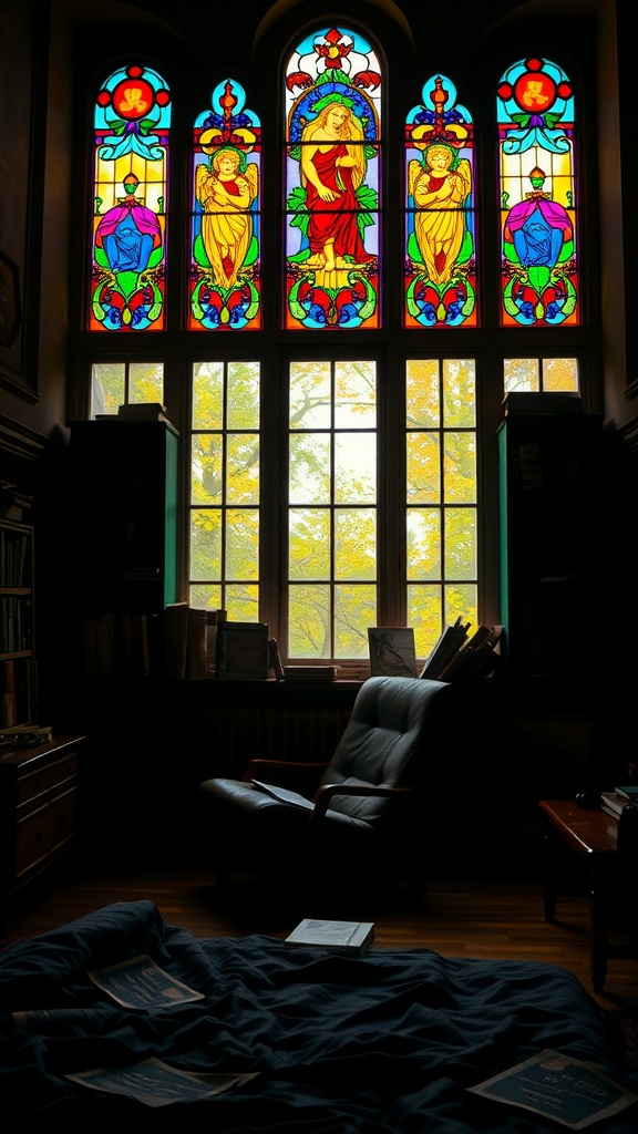 Stained glass windows in a cozy room with a reading chair and scattered books.