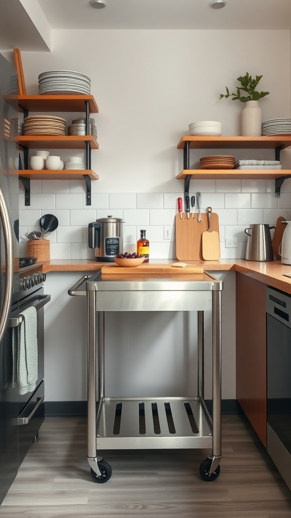 A stainless steel rolling cart in a modern tiny kitchen with wooden shelves and various kitchen items.