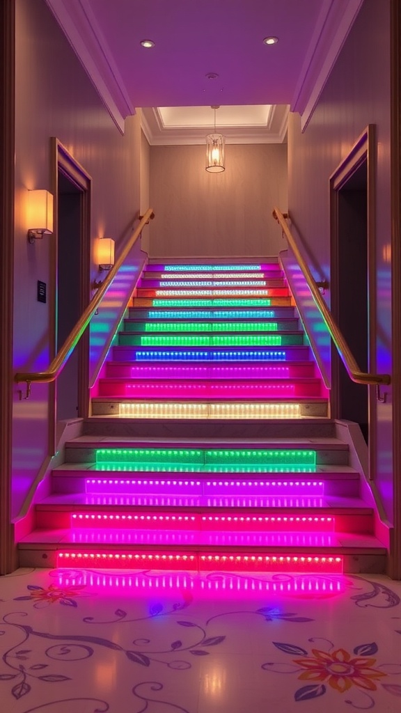 Colorful LED strip lights illuminating the steps of a stairway