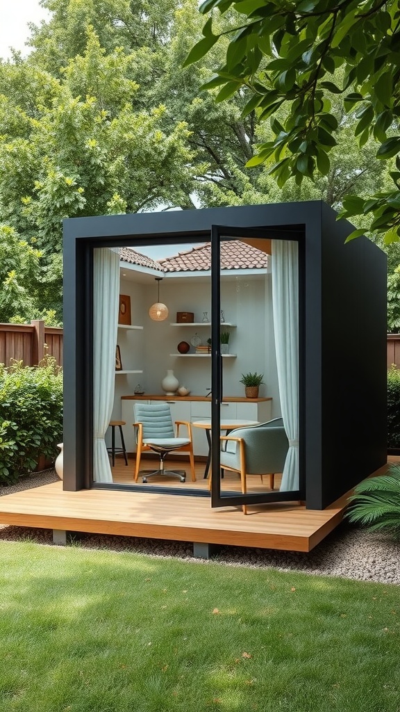A modern stand-alone pod office in a backyard, featuring large windows, wooden deck, and greenery.