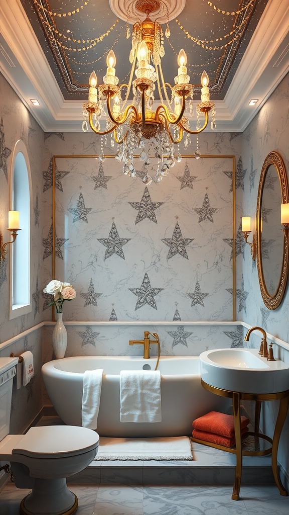 Elegant bathroom with chandelier, star-patterned wallpaper, and a freestanding tub