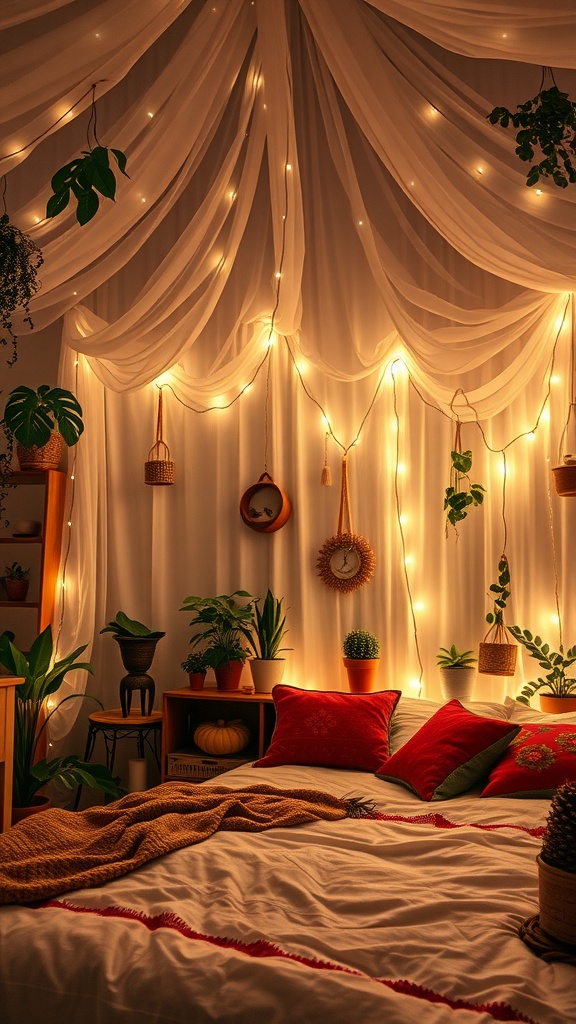 A cozy boho bedroom featuring soft drapes, fairy lights, plants, and colorful pillows.