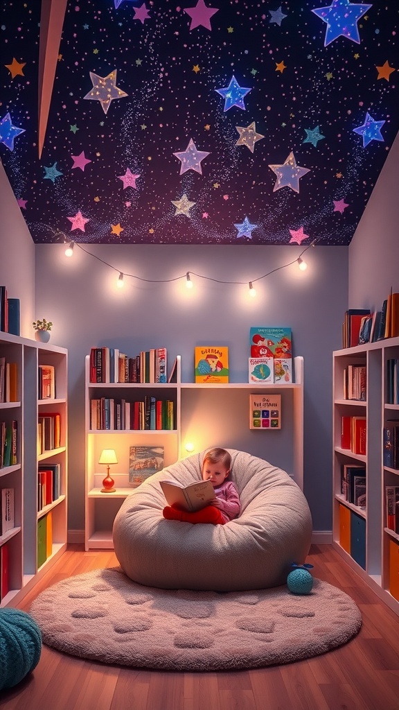 Cozy reading nook with starry ceiling and colorful bookshelves