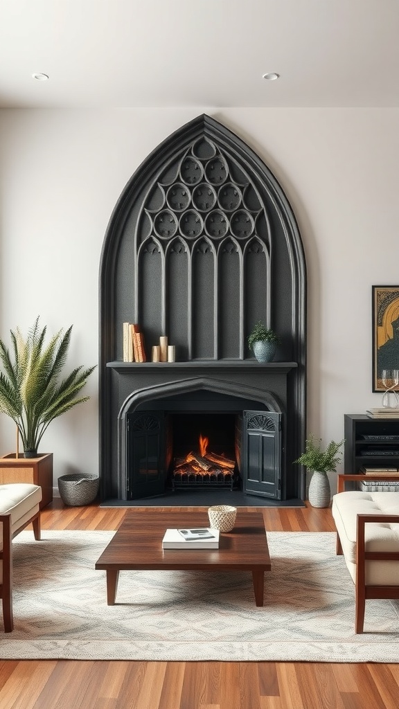 A living room featuring a Gothic-style fireplace with an arch design, surrounded by modern furniture and plants.