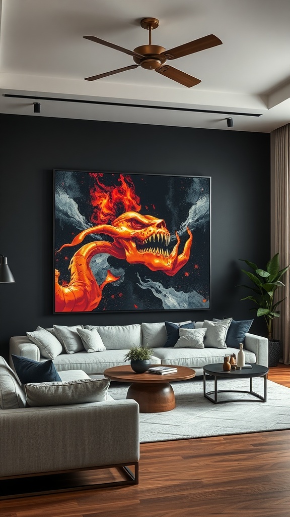 A living room featuring a large statement artwork of a dragon on a dark wall, with a cozy sofa and coffee table.