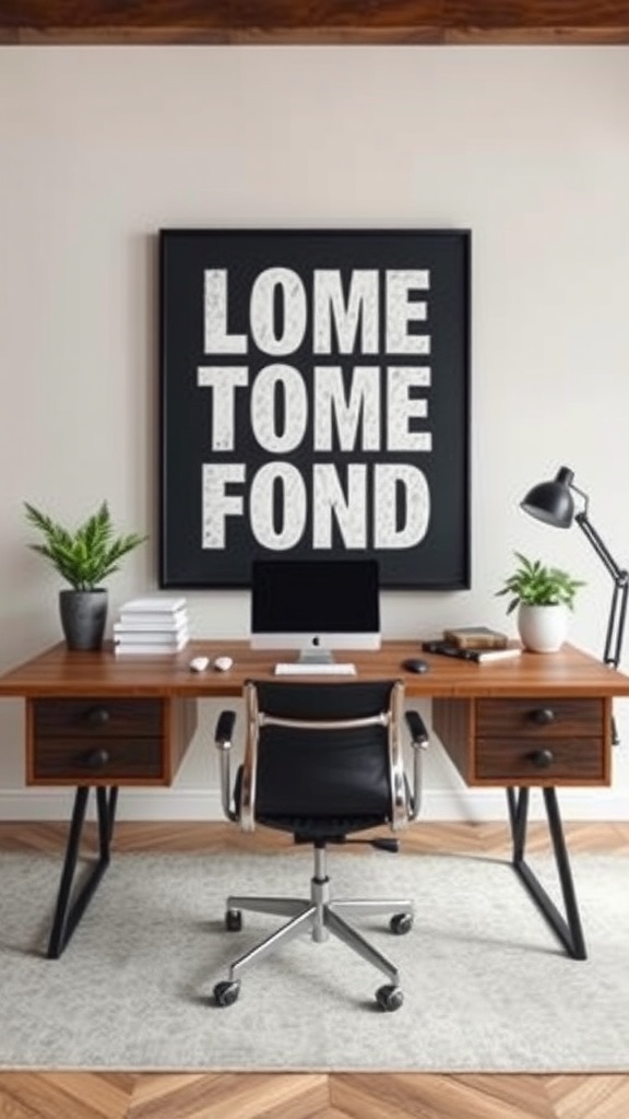 A modern home office featuring a large statement art piece with bold typography, a wooden desk, and green plants.