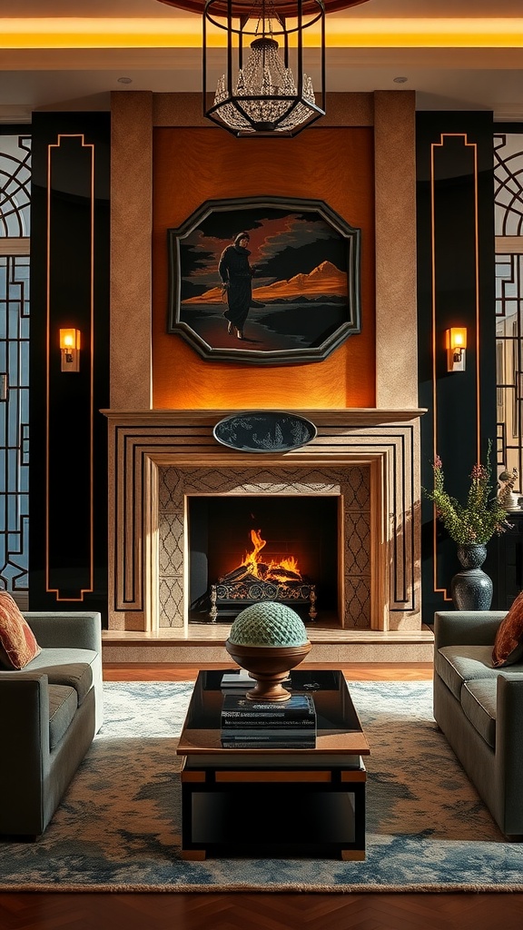 Elegant living room featuring a statement fireplace with Art Deco and contemporary design elements.