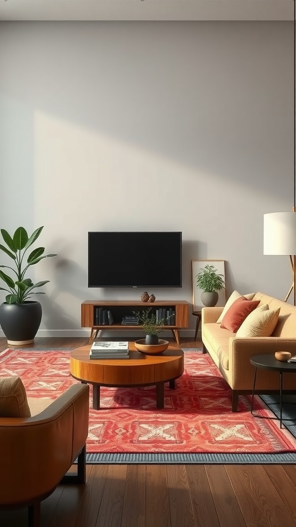 A cozy living room featuring layered furniture with eclectic contrasts, including a vibrant rug and stylish sofa.